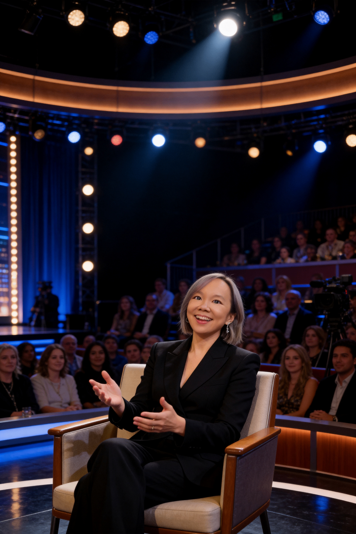 Sabrina 'Princessa' Wang seated on a media set in a black suit