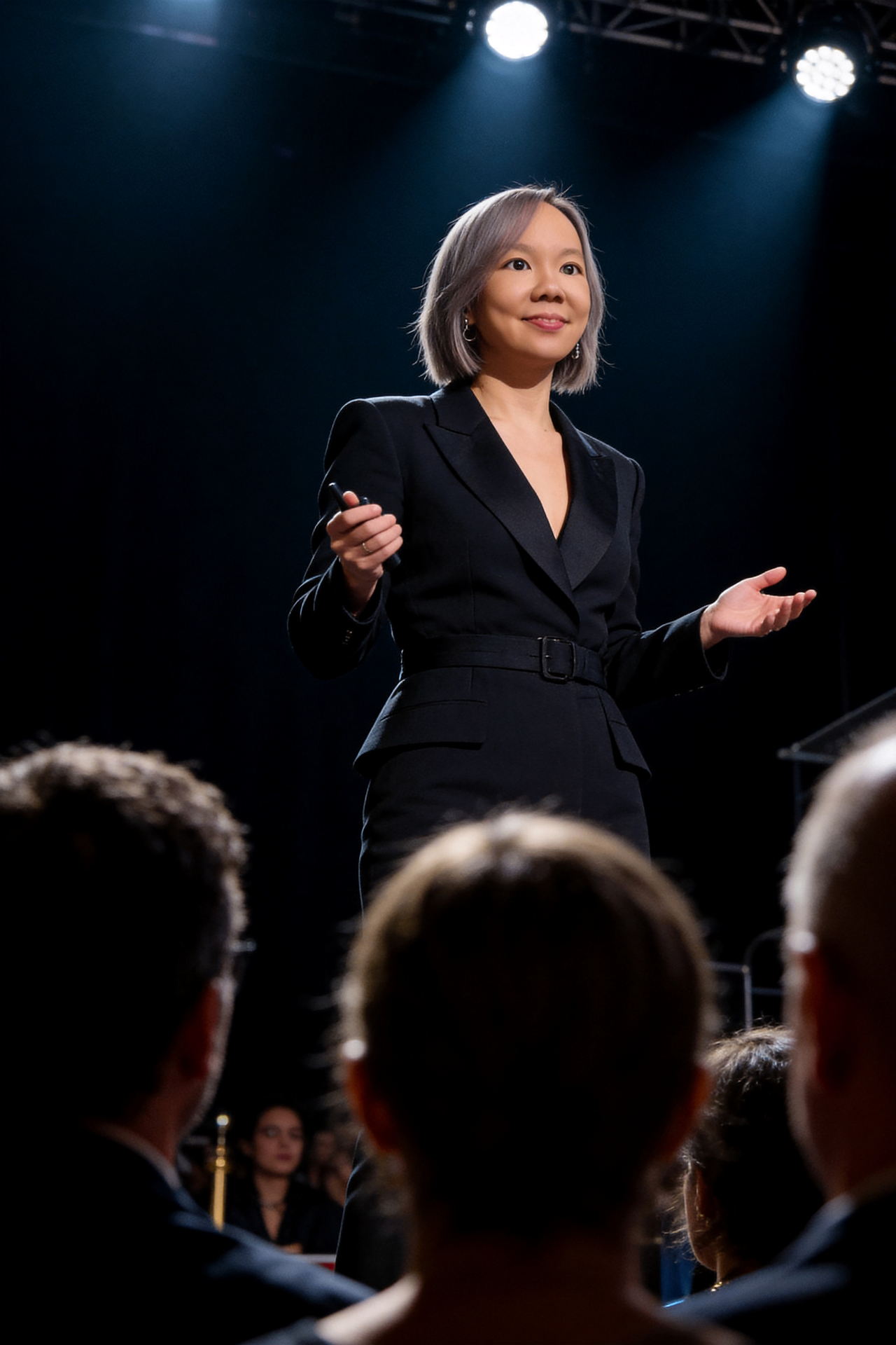 Sabrina 'Princessa' Wang on stage in a black suit