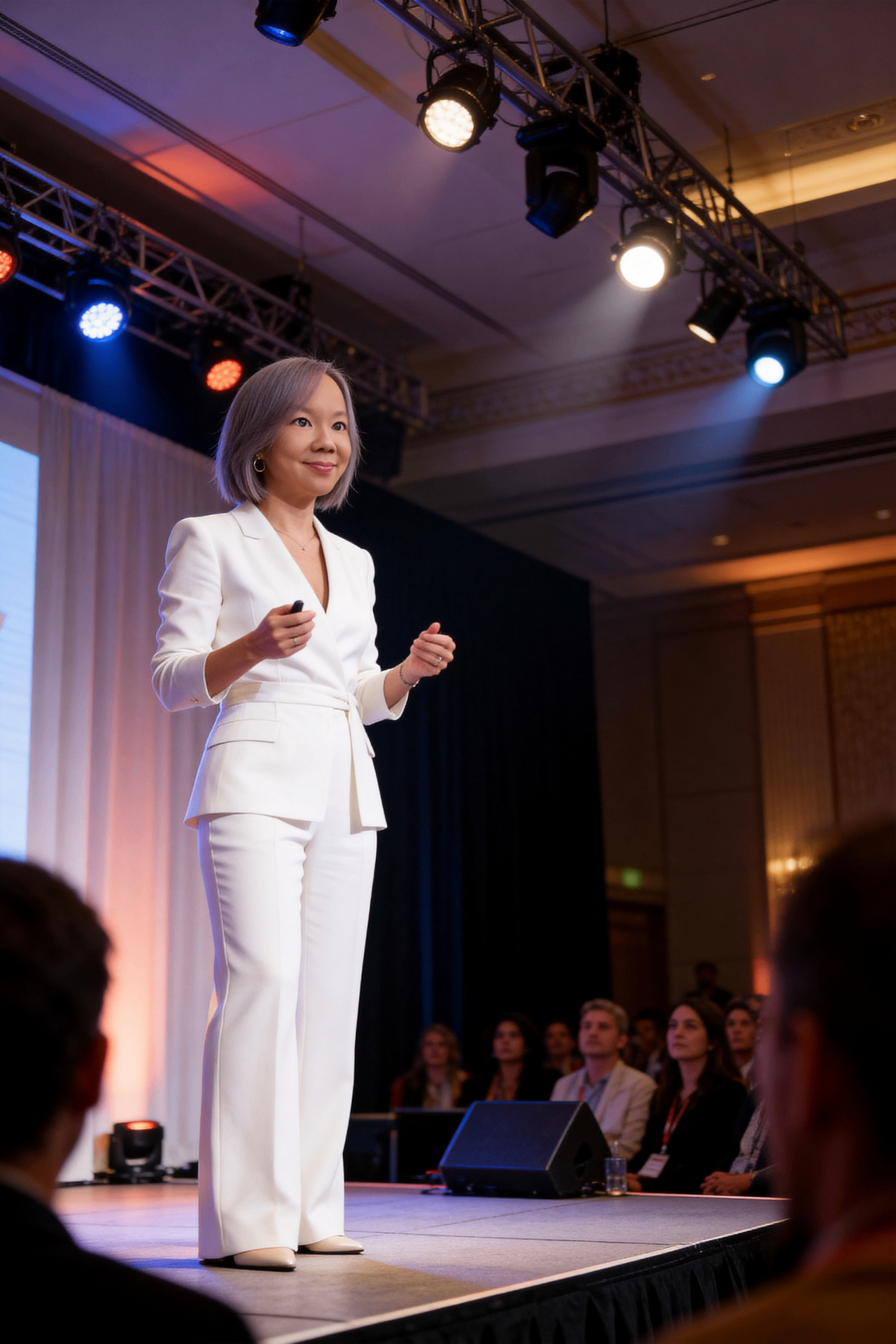 Sabrina 'Princessa' Wang speaking on stage in a white suit